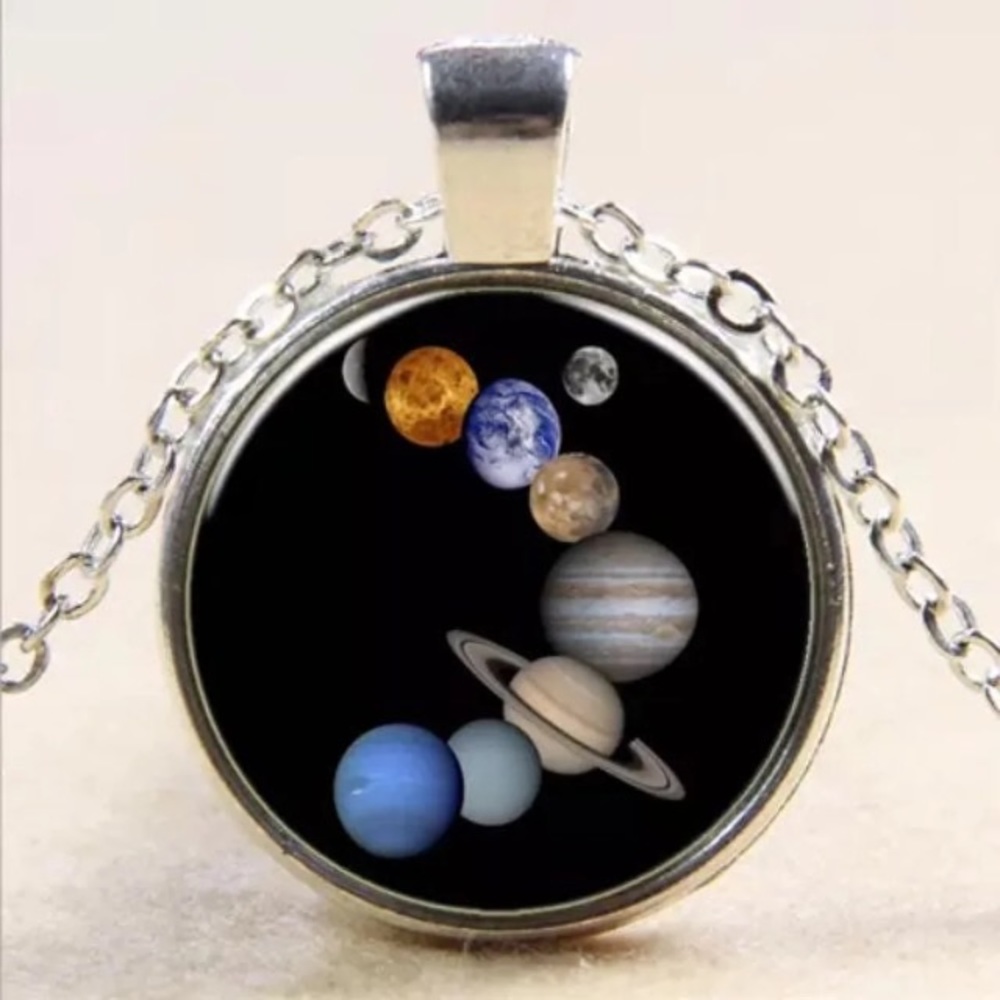 Planets Galaxy Silver Glass Cabochon Necklace